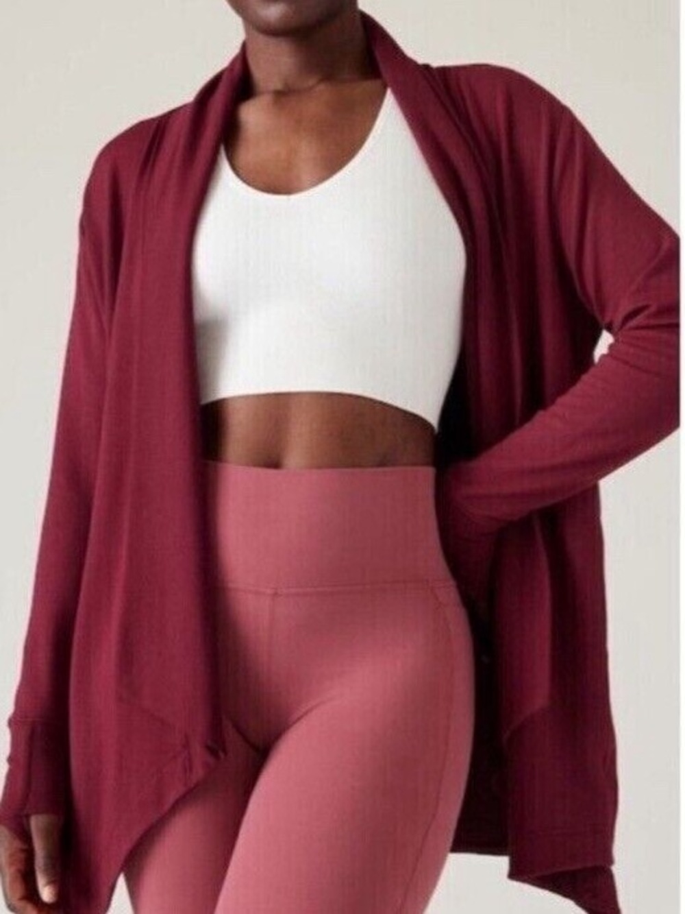 Athleta  Pranayama Restore Rib Wrap Open Front Cardigan Burgundy XSP XS petite